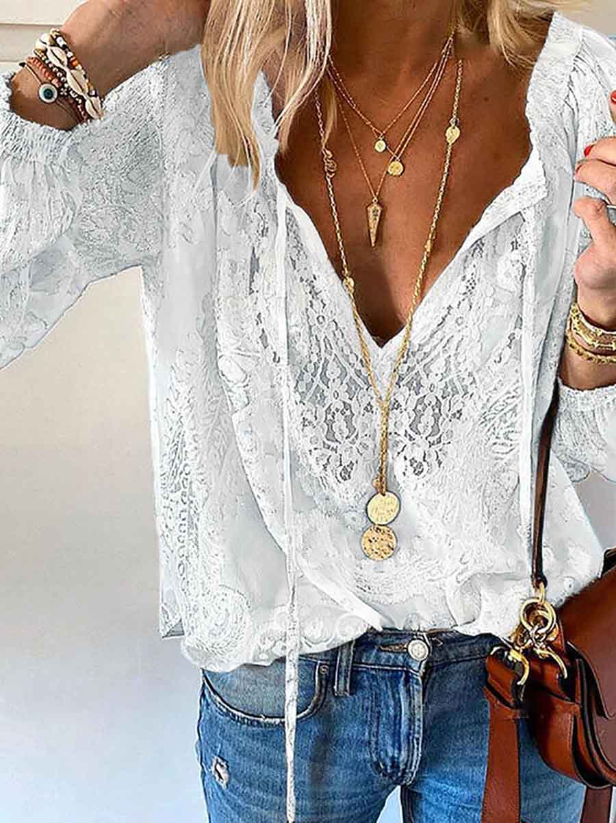 Stunncal Printed Solid Color Lace Shirt