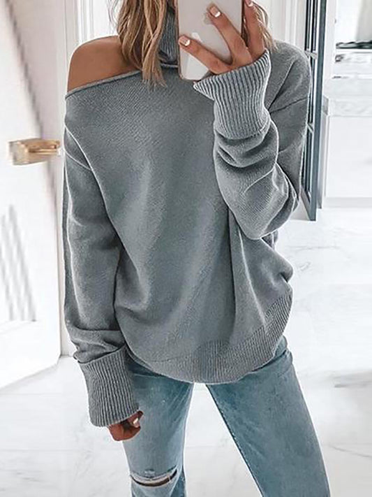 Stunncal Turtleneck Cold Shoulder Solid Knit Pullovers