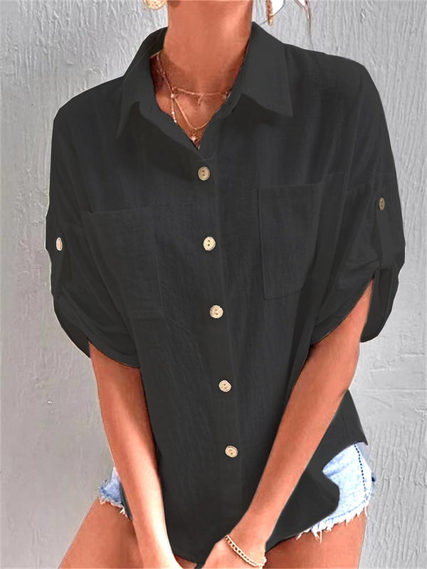 Stunncal Long Sleeves Pocket Lapel Cotton Linen Shirt