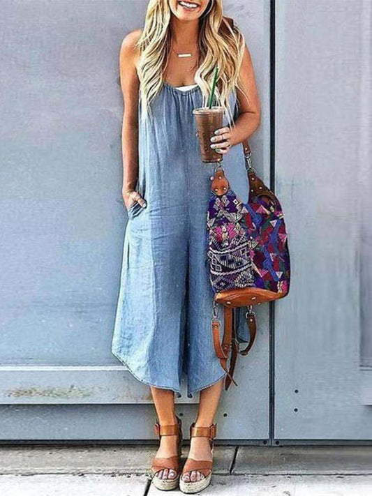 Stunncal Sleeveless V-neck Wide Leg Denim Jumpsuit