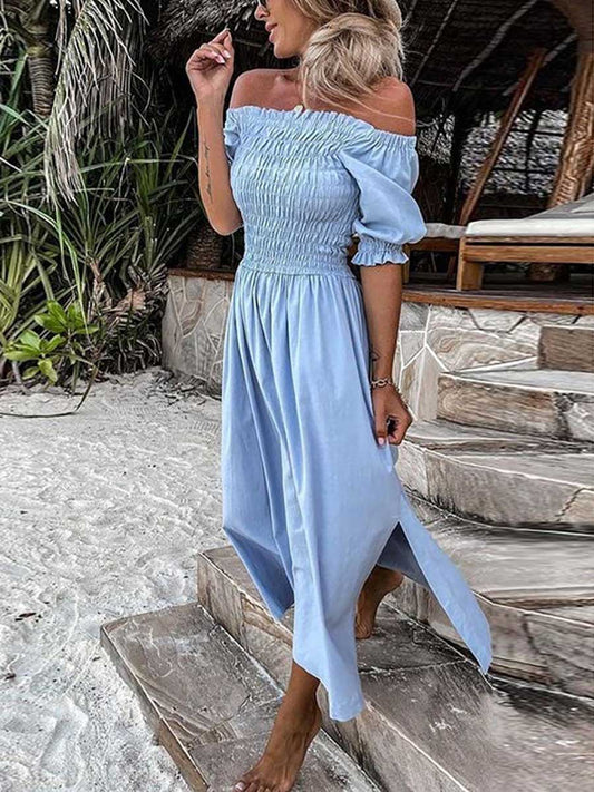 Stunncal Forever After All Smocked Off Shoulder Slit Dress