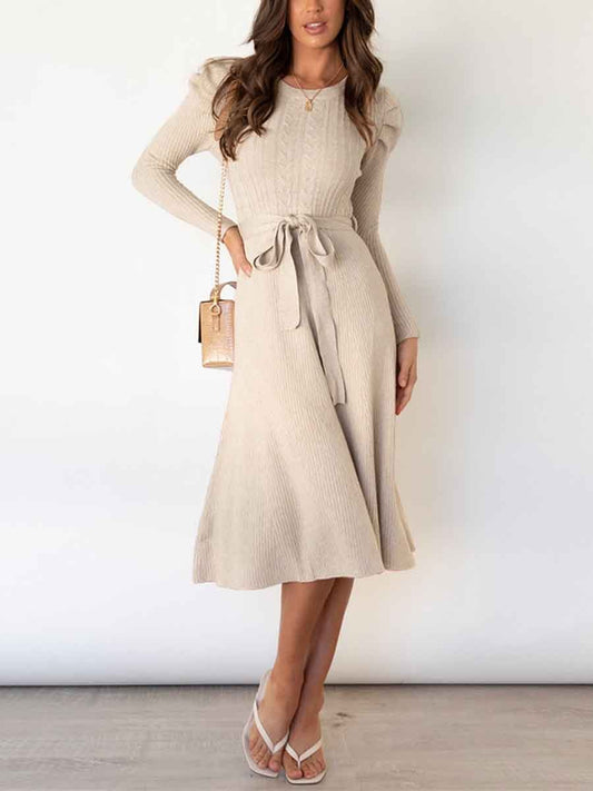 Stunncal Bubble Sleeve Belt Knit Dress (5 colors)