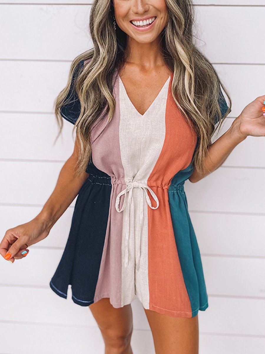 Linen Color Block Casual Romper