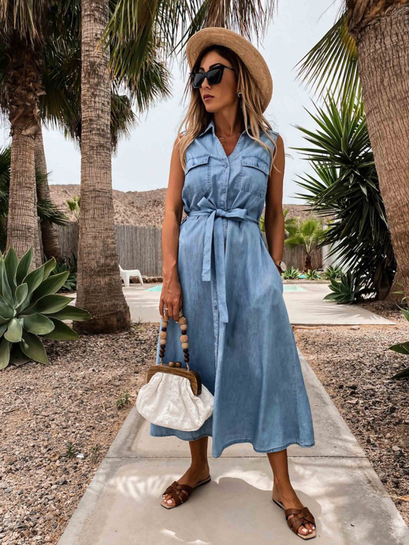 Stunncal Single-Breasted Denim Dress With Belt