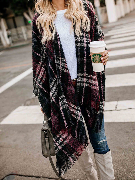 Stunncal Plaid Fringed Knit Shawl Coat