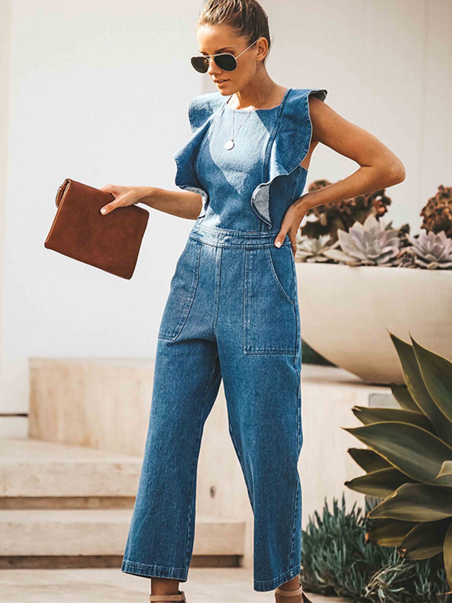 Stunncal O Neck Flouncing Denim Jumpsuit