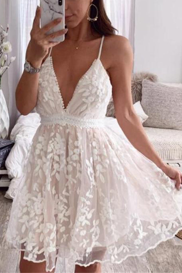 Stunncal V-Neck Lace Embroidered White Dress