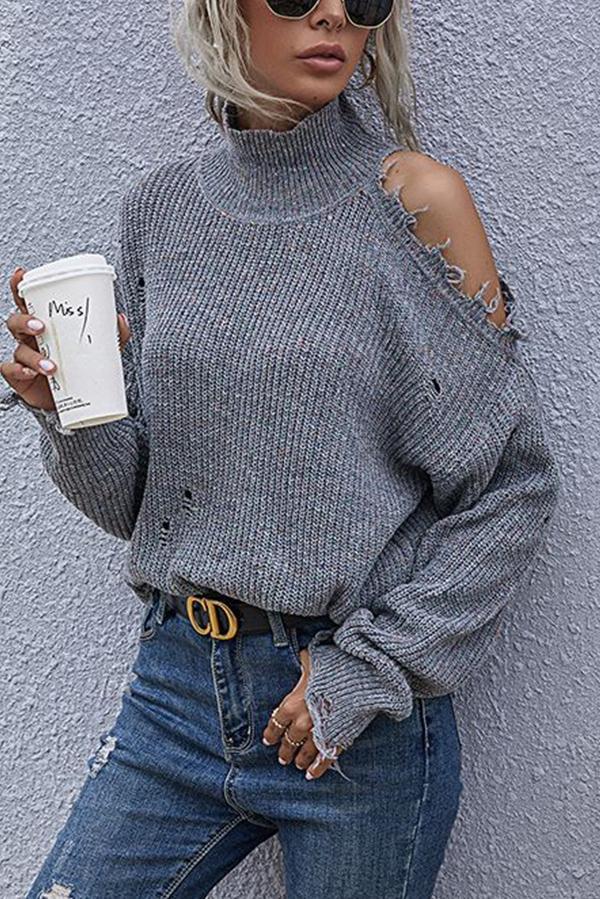 Stunncal Loose Off-shoulder Ripped Long-sleeved High-neck Knitted Sweater
