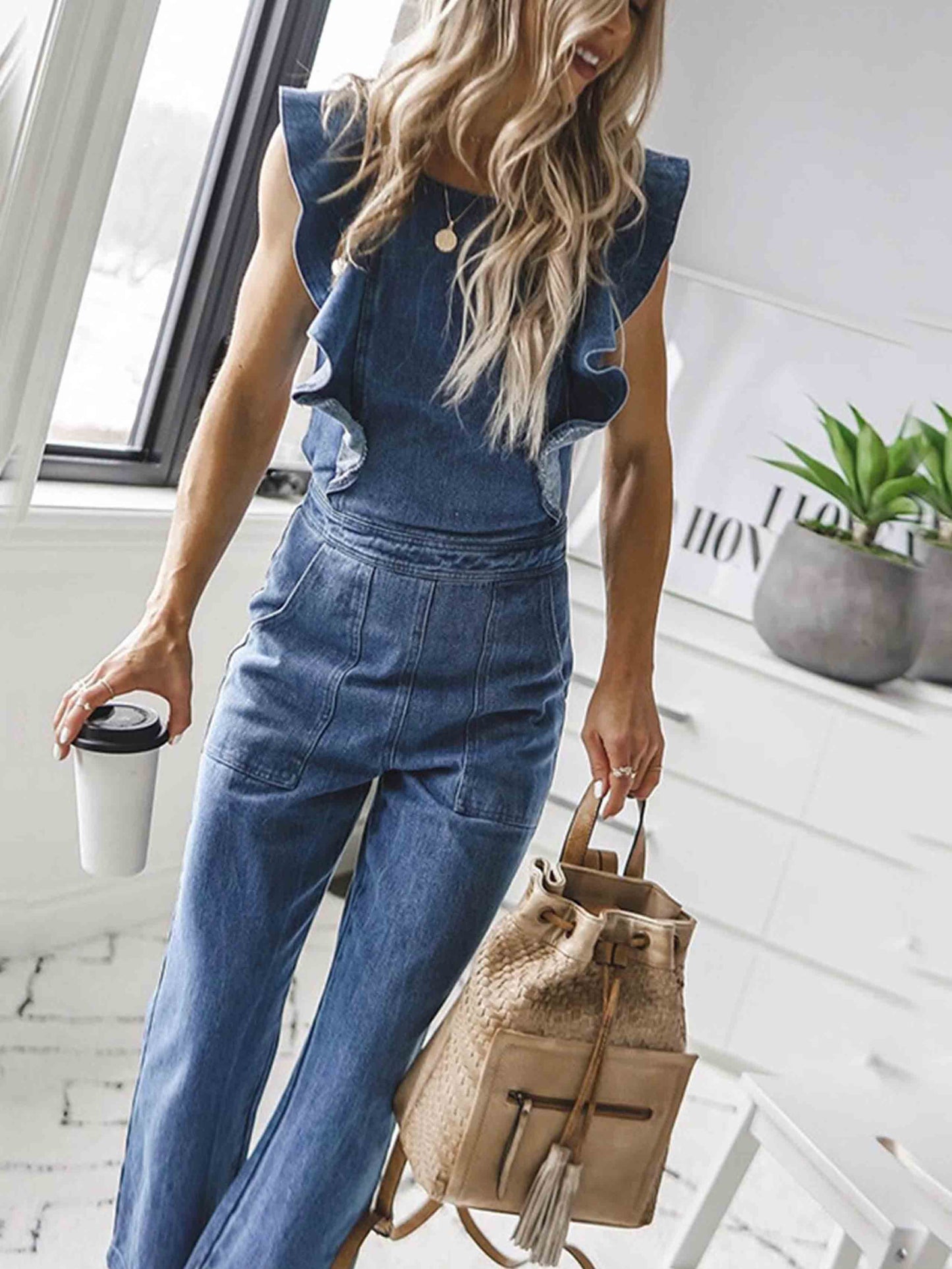 Stunncal O Neck Flouncing Denim Jumpsuit