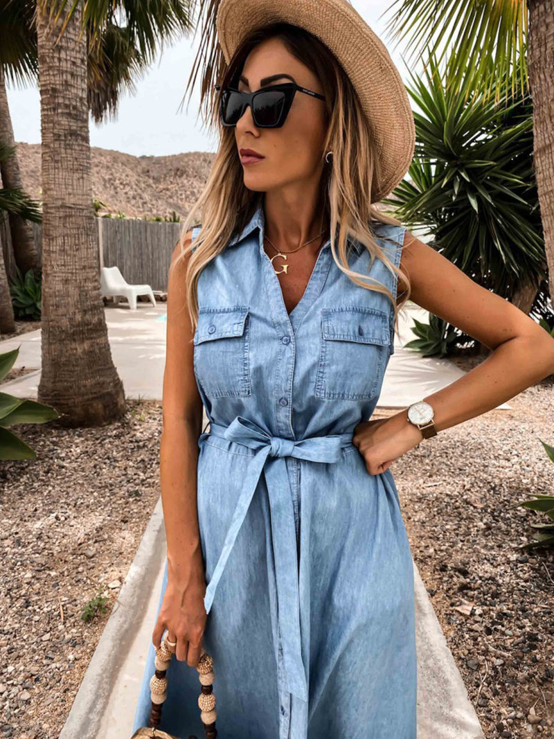 Stunncal Single-Breasted Denim Dress With Belt