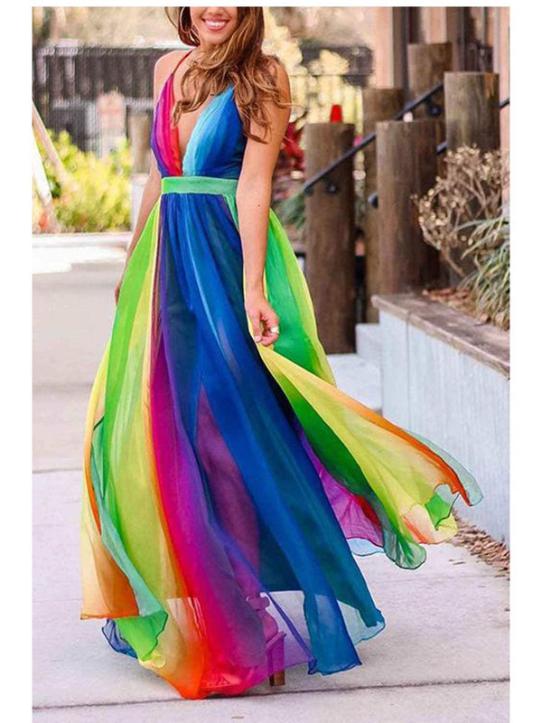 V-neck Colorblock Striped Sphagetti Maxi Dress