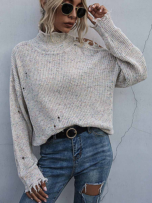 Stunncal Loose Off-shoulder Ripped Long-sleeved High-neck Knitted Sweater