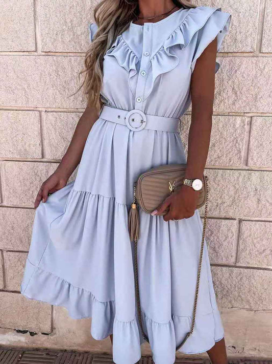 Stunncal Fashion V Neck Belt Short Sleeve Dress